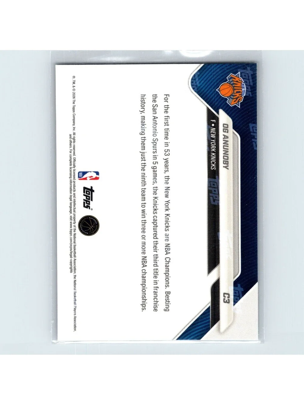 2025-26 Topps Now NBA Og Anunoby #C3 New York Knicks Champions